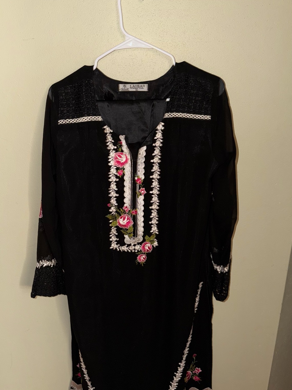 Black 2 piece desi Embroidered dress with Pink Rose Accents